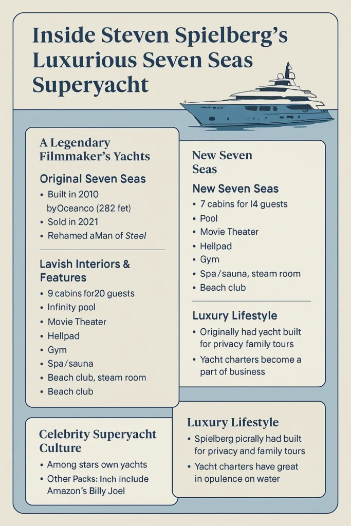 Explore Steven Spielberg’s luxury yacht Seven Seas: its amenities, sale details, and his plans for a new 109m vessel. Plus, learn about celebrity superyacht culture and luxury yacht trends
