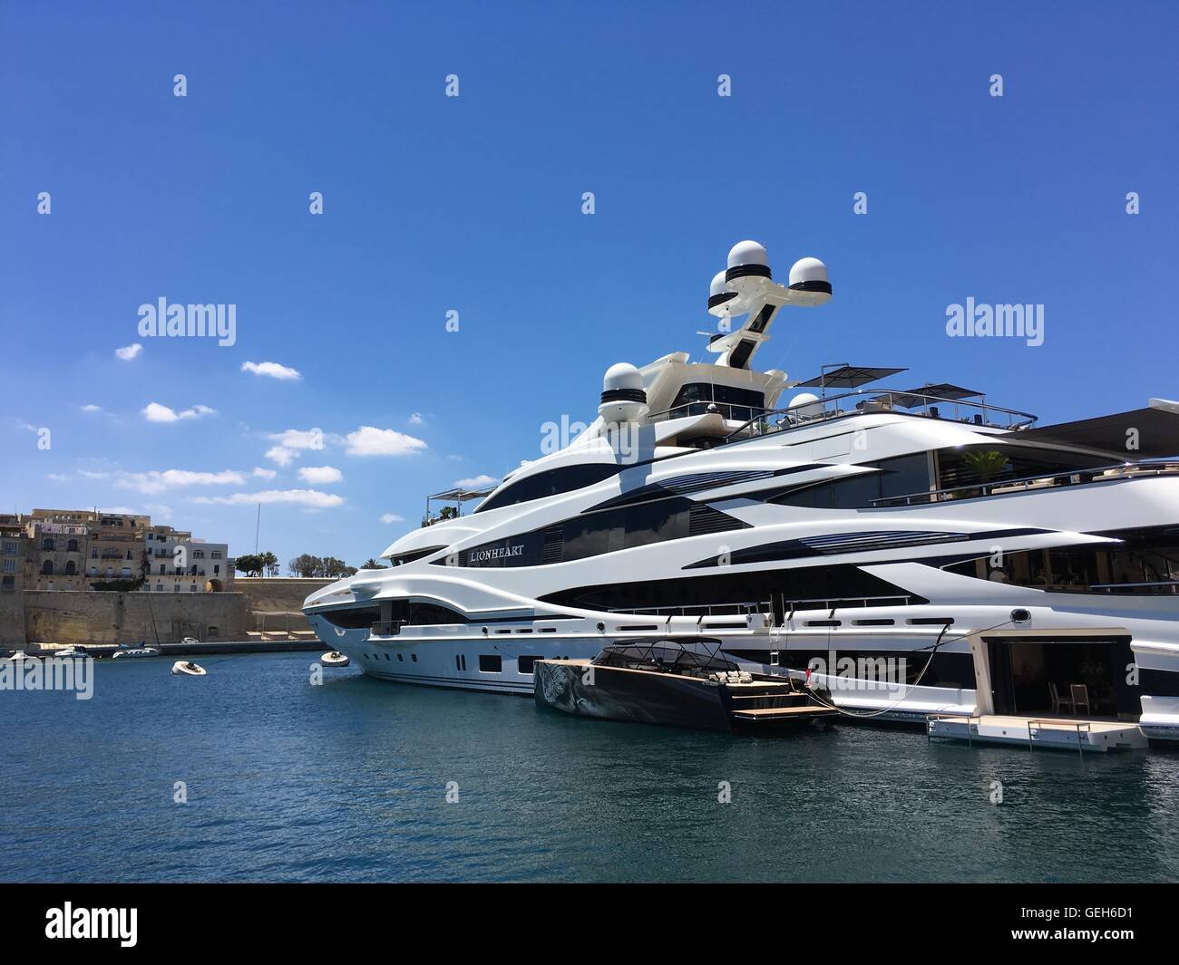 The 'Lionheart' luxury superyacht owned by British businessman Sir Philip Green docked on a sunny day