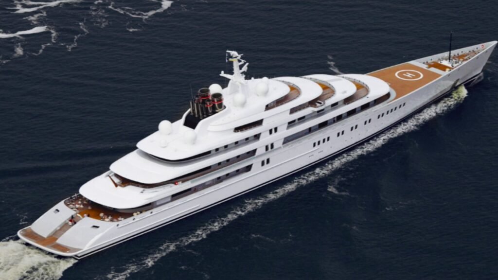 M/Y Azzam 180 meter long superyacht, one of the largest mega yachts in the world, shown cruising in the sea